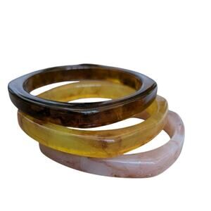Vtg Lucite Faux Amber Bangle Bracelet Stack Lot Squared Plastic Brown Pink Gold